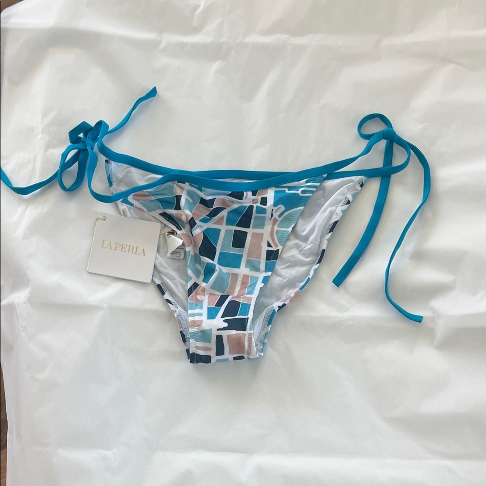NWT La Perla Teal Trim Mosaic Tie-Side Bikini Bottom XS
